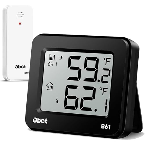 OBET Indoor Outdoor Thermometer Wireless Outdoor Thermometer Digital Thermometer Gauge 500Ft Remote Temperature Monitor for House Home Room Patio B61-Black