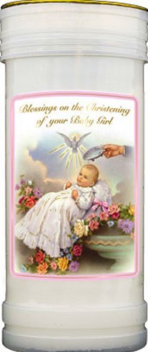 Catholic Gift Shop Christening Candle - Baby Girl - Christening Pillar Candle with Gold Foil Highlights