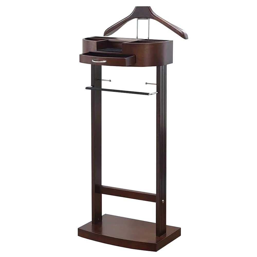 Wooden Clothes Valet Stand with Drawer and Tray Sturdy Base Suit Valet Stand Hanger Space Saving Organizer for Entryway Office Living Room 43 x 34 x 106 cm