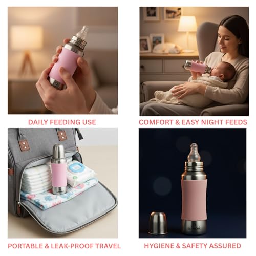 Image of SPEEDEX Stainless Steel Baby Feeding Bottle 240 ml with Pink Silicone Grip & Internal ML Marking | BPA & Plastic Free | Anti-Colic Silicone Nipple | 304 Grade Steel Infant Milk Bottle | Leak Resistant