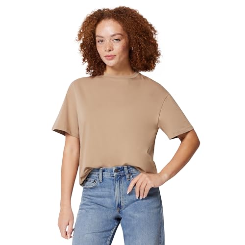 Amazon Essentials Womens Oversized-Fit Short Sleeve Crewneck Shirt Tan Small