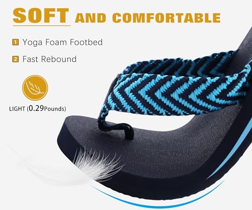 KuaiLu Men's Fabric Flip Flops Arch Support Summer Beach Pool Water Thong Sandals Waterproof Rubber Walking Shoes Slip on Orthotic Casual Sport Cushioned Wide Slides Shower Slippers Blue Size 14