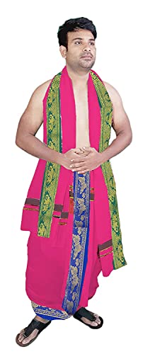 Image of TUNI MANI Men's Panchakacham Dhoti with Angavasthram Towel, Jari Border, 100% Cotton, Size: 9 X 5 (4.0mtr Dhoti, 2.25mtr Towel) (Unstitched)
