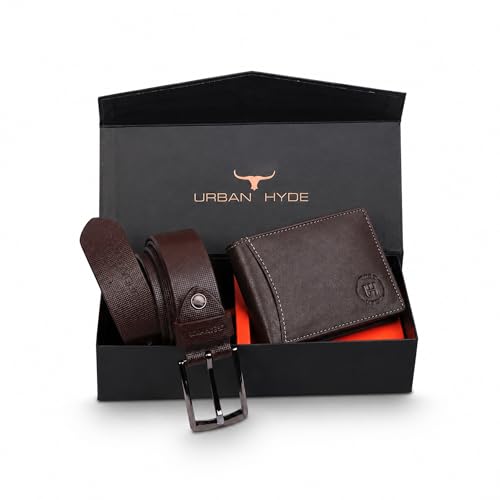 Image of URBAN HYDE Premium Genuine Leather Wallet and Belt Combo for Men | Leather Wallet & Adjustable Belt Gift Set | Stylish Men Leather Combo Gift for Birthday, Anniversary, Office | Dark Brown