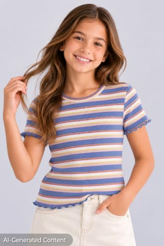 Image of Girls Striped T-Shirt Lettuce Trim Short Sleeve Top Size 6-16 | Soft stretch ribbed knit fabric, breathable blouse,summer outfit for big girls & teen, for school, party and daily activity