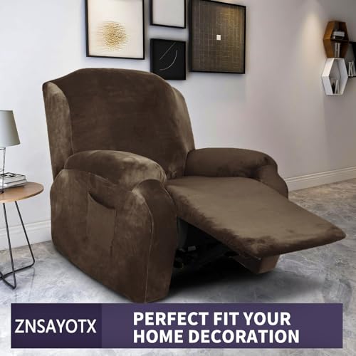 Image of ZNSAYOTX Stretch Velvet Recliner Cover 4-Pieces, Thick Soft Recliner Chair Slipcover with Pocket, Non-Slip Elastic Bottom for Kids Pets, Luxury Plush Reclining Protector Comfy Washable (Dark Coffee)