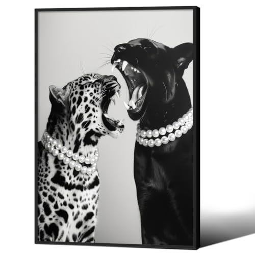 Vintage Animal Leopard Aesthetic Canvas Wall Art Black And White Funny Cheetah Poster 24x36 inch Black Framed Fashion Painting Prints for Living Room Dorm Bedroom Wall Decor