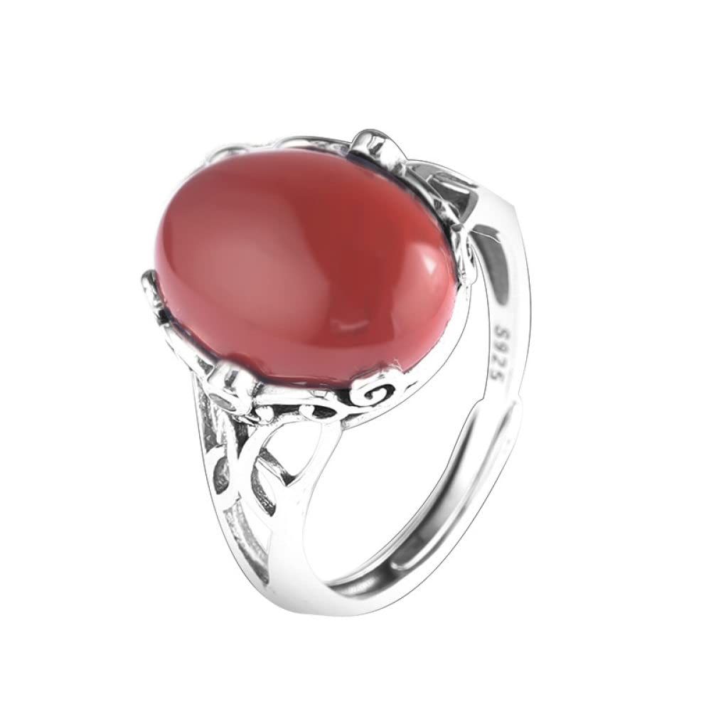 Verstellbarer Ring, Verstellbarer Ring Für Damen Blume Seitlicher Ausschnitt 925Er Sterling Silber Ring Natürlich Micropaved Oval Roter Achat Retro-Edelstein Energie Charm Hochzeitsschmuck Geschen