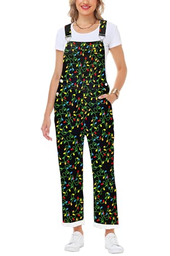 Magrank Christmas Overalls for Women Xmas Lights Print Jumpsuit Ugly Funny Party Outfits Holiday Bib Coveralls M
