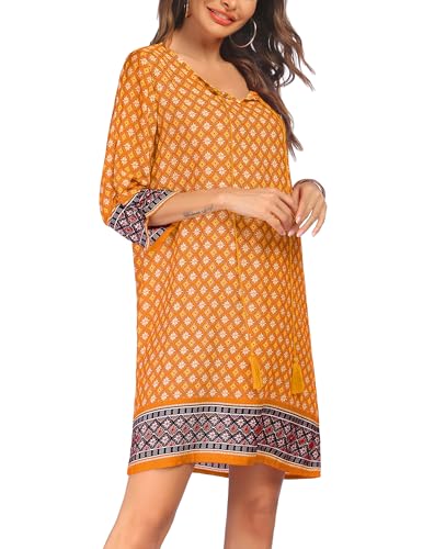 Image of Zeagoo Womens Boho Dresses Casual Beach Summer Dress Tassel Tie Neck 3 /4 Long Sleeve Mini Sundress 2026 Floral Print Cover Up