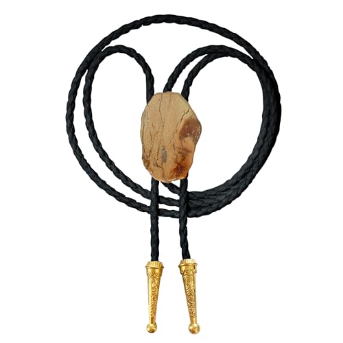 Image of Daisy Del Sol Gemstone Bolo Tie Braided Vegan Faux Leather Natural Stone Gold Handmade Necklace Adjustable Boho Western Jewelry