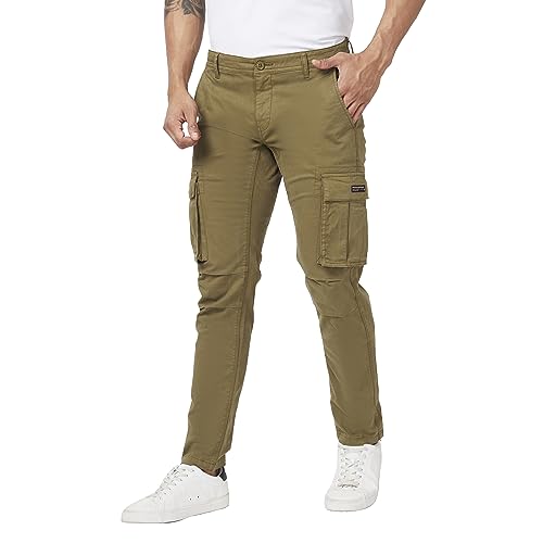 Image of Spykar Men Olive Green Cotton Slim Fit Ankle Length Mid Rise Trousers