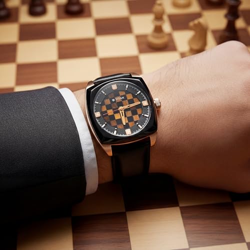 Image of Titan Grandmaster X Gukesh Dommaraju Special Edition with Tiger Eye and Black Agate Dial Premium Leather Strap Automatic Watch for Men - 10073KL02