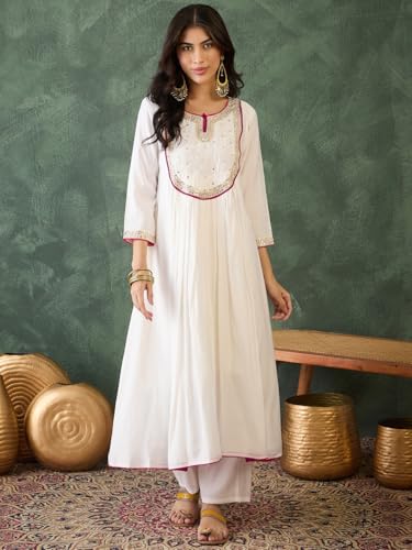 Image of Naixa Women's Chanderi Embroidered Flared Kurta with Pant and Dupatta Sets (NX-762)