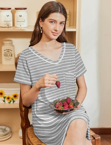Image of Ekouaer Nightgowns for Women Short Sleeve Sleep Shirts V Neck Nightshirts Soft Sleepshirt Caual T Shirt Sleepdress