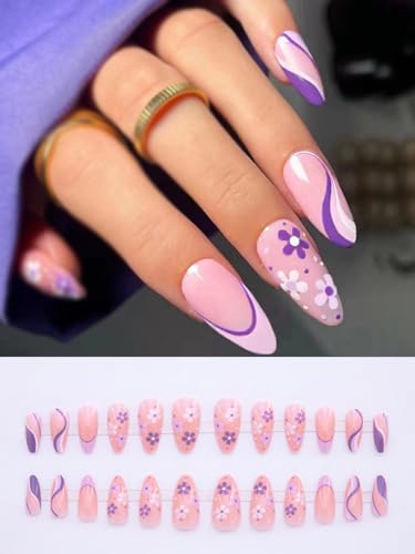 Image of Secret Lives Premium Glossy Reusable Artificial Light Pink Color with white & purple Flower and Stripes Fake False Press on Nails 24 pieces Set with Kit