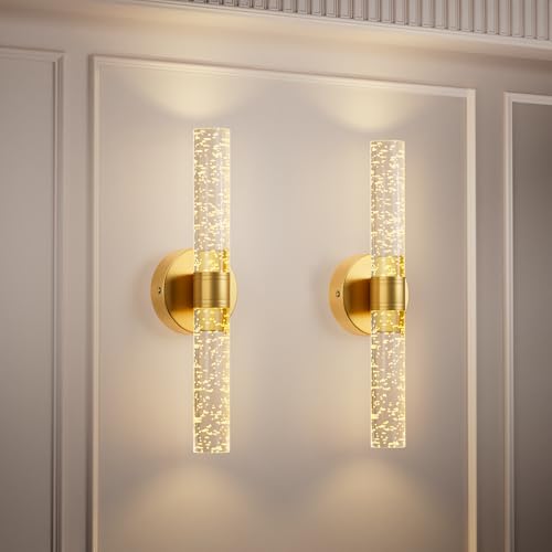 Gold Battery Operated Wall Sconces Set of 2, 13000mAh Rechargeable Wall Lights with Remote Control, 15 Color Dimmable Wireless Crystal Wall Sconce for Bedroom Living Room Hallway Party (2 Pack)