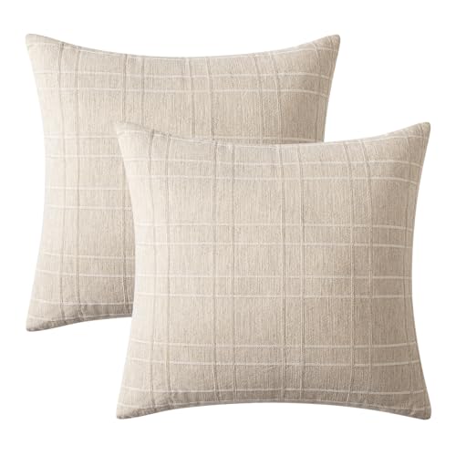 Image of MIULEE Decorative Linen Check Euro Shams Throw Pillow Covers Neutral Farmhouse Vintage Pillow Covers 26x26 Set of 2 Boho Modern Home Decor for Sofa Couch Bedroom Cushion Natural Beige