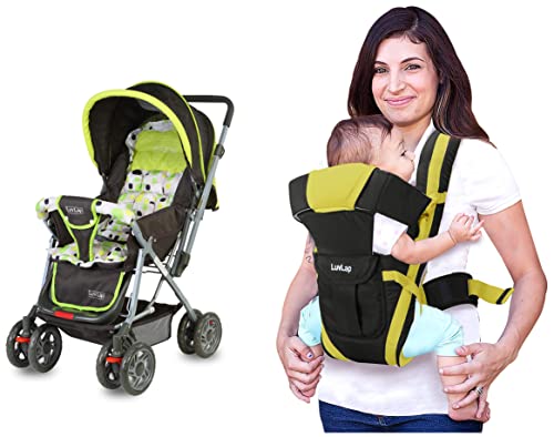 Image of LuvLap Sunshine Stroller /Pram, Easy Fold, for Newborn Baby /Kids, 0-3 Years (Light Green) & Elegant Baby Carrier with 4 carry positions, for 4 to 24 months baby, Max weight Up to 15 Kgs (Black & Green)