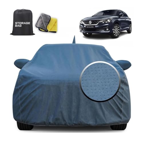 Image of for Maruti Baleno Car Cover for All Weather Protection with 100% Waterproof, Mirror Pockets, Soft Lining, Triple Stitched, Adjustable Belt and Bottom Elastic to Secure Fit (Grey Dotted)