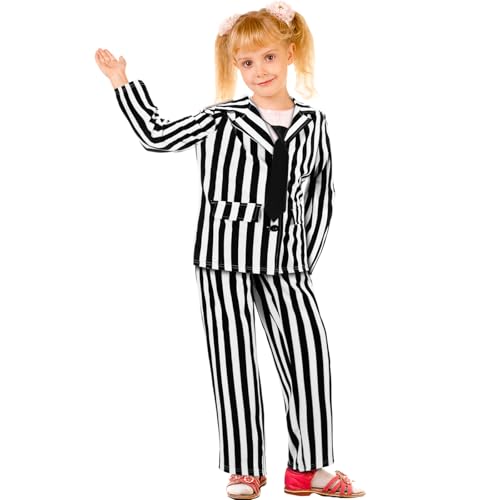 Haysandy kids Black and White Striped Suit Include Open Front Striped Blazer Leggings Length Pant with Tie for Halloween(11-12 Years)