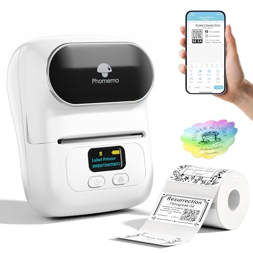 Phomemo M110 Impresora de Etiquetas portátil-Impresora térmica de Etiquetas，Impresora de Pegatinas，Adecuado para código de Barras, Oficina, envío, Cable, Tienda, Ropa，con Etiqueta de 40×30 mm,Blanco