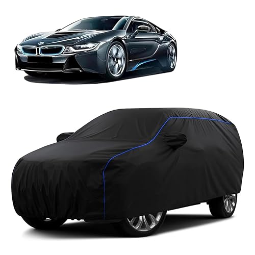 Image of Sulfar 100% Water Resistant Car Body Cover Compatible with Mirror for BMW i8 (Triple Stitched, Full Bottom Elastic, Black Tafetta with Blue Piping)