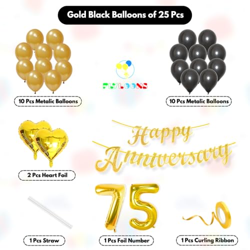 Image of Flyloons 75th Happy Anniversary Decoration Items Gold Black for Women Husband Wife Mom Dad Couple Bedroom With 20 Pcs Metallic Balloons Anniversary Banner 2 Pcs Heart Set Kit Golden Diamond Jubilee