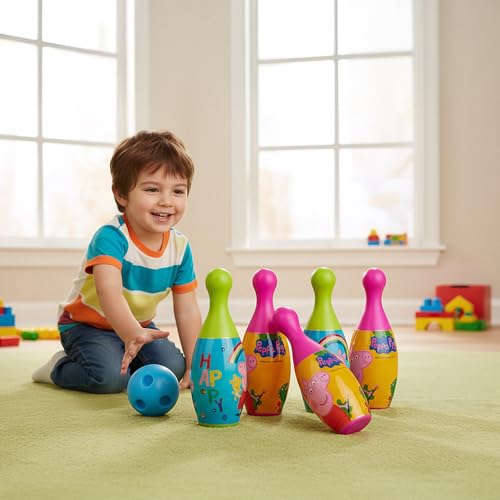 Image of Amazon Brand Jam & Honey Peppa Bowling Set for Kids, BIS Safe for Kids, Indoor Outdoor Bowling Game with 6 Colorful Pins and Ball, Skill Building Toy for Kids Age 3+ Years