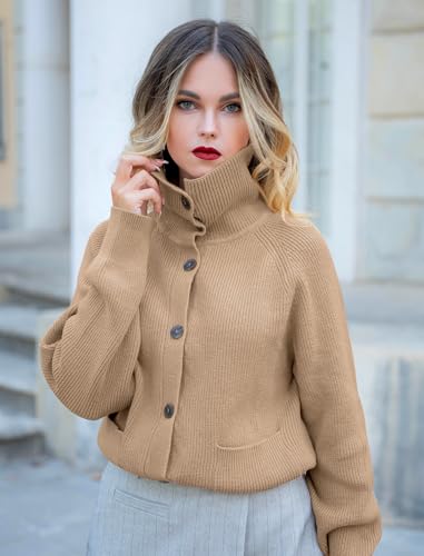 ZAFUL Women's Fall Chunky Cardigan Sweaters Trendy 2025 Mock Neck Button Down Long Sleeve Casual Knit Coat Winter Clothes3