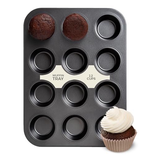 AXXTAN 12-Cup Deep Non-Stick Muffin Tray for Baking Heavy-Duty Carbon Steel Muffin Tin | Cupcake Tray with Easy Release Coating | Dishwasher Oven & Freezer Safe Bakeware (Black)