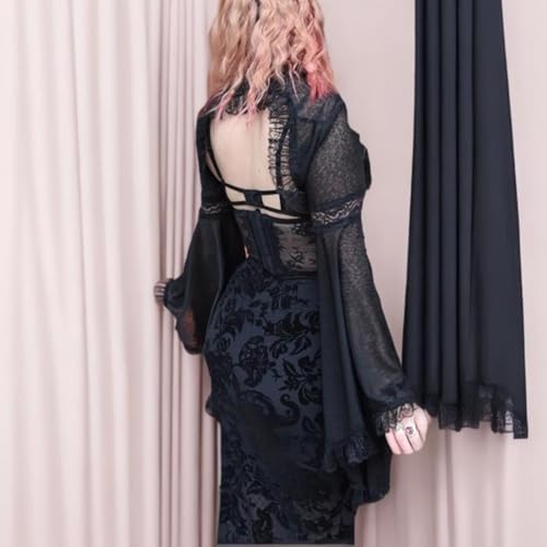 Women Goth Black Open Front Patchwork Sleeve Sheer Bolero Shrug Top for Formal Dresses Emo3