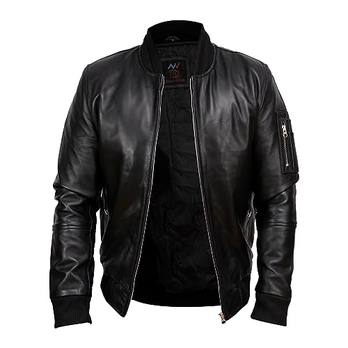 J'Jackin Black Leather Bomber Jacket Men - Premium 100% Real Lambskin Genuine Leather Bomber Jackets for Men