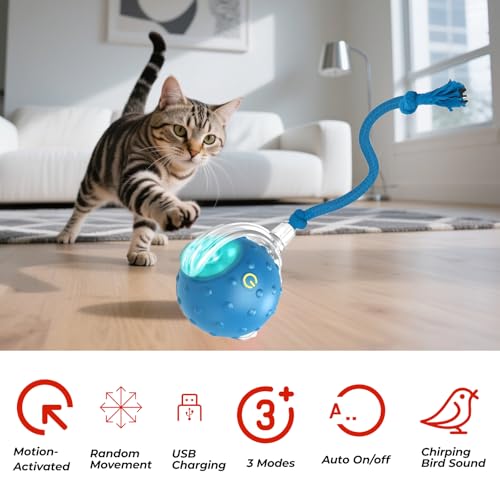 Interactive Cat Toys Ball - 2025 New Gen with Smart Obstacle Avoidance,Bird Chirps & Auto Wake-Up,Includes 1 Speedy Tail 2.0 Ropes, Ideal Kitten Toys for Bored Indoor Cats (Blue)