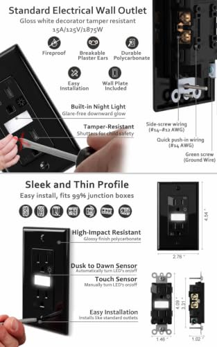 Image of SOZULAMP 4-Pack Night Light Wall Outlet, Touch & Dusk-to-Dawn Sensors | Glossy Black 15A 125V Tamper-Resistant Receptacle; Guide Light for Kids and Seniors;Ideal for Hallway,Nurserie,Stair,Bathroom