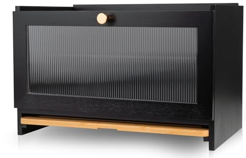 AH Boîte à pain en bois avec planche à découper - Ventilation - 40 x 26 x 23 cm - Noir