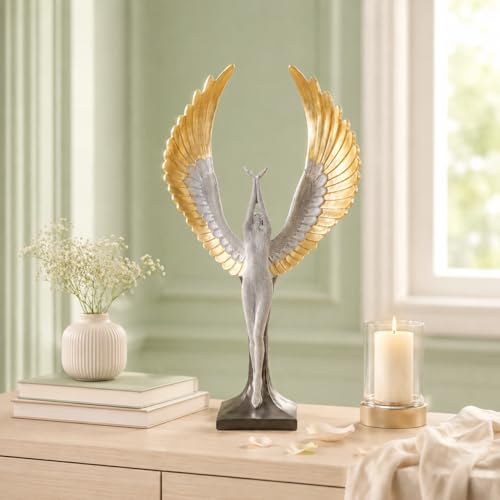 Image of Amazon Basics Majestic Angel Wing Sculpture for Home & Office Decor | Modern Abstract Figurine Showpiece for Living Room, Console, Shelf & Bedroom Styling (Gold & Silver)