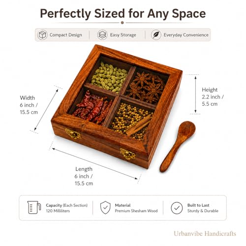 Image of Shesham Wood Masala Box with Glass Lid & Wooden Spoon | 4 Compartments Spice Storage | Handmade Masala Dabba for Kitchen | Wooden Spice Box Container for Dry Fruits & Condiments
