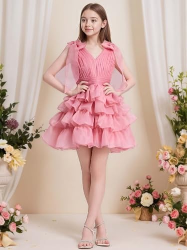 Tiered Tulle Flower Girl Dresses V-Neck Girls Cute Party Dress Mini Girls Formal Dress with Bow2