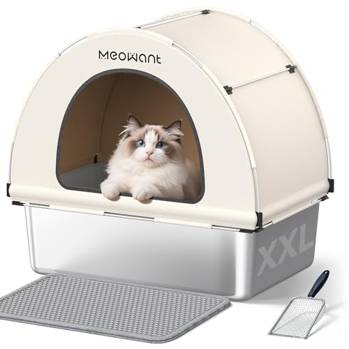 Meowant Lettiera Gatto in Acciaio Inox, Lettiere XXL, Design Copertura in Tessuto Chiuso, Toilette Grande per Gatti di Grossa Taglia, Antiaderente, Prova Perdite, Staccabile e Facile Pulire, Bianco