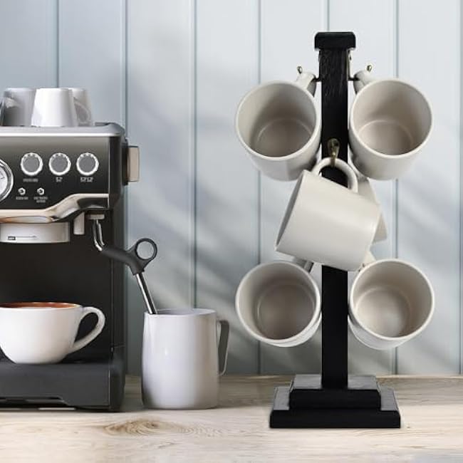 EMASON Coffee Mug Tree Stand Solid Wood Holder for 6 Mugs Black