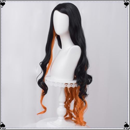 SL Nezuko Cosplay Wig + Pink Ribbon for DS, Long Black Orange Wig Anime Hair Wigs with Cap for Halloween Costume Party