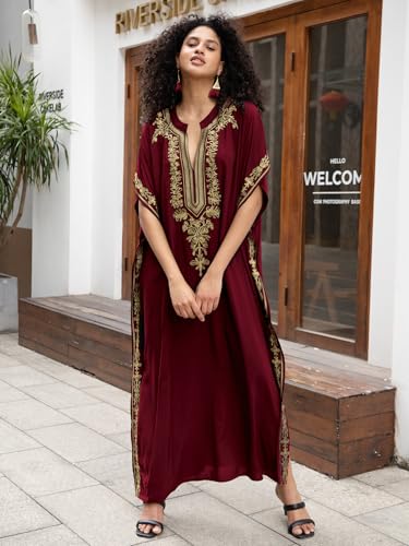 Image of KECVOT Kaftan Dresses for Women Embroidered Short Sleeve V-Neck Plus Size Caftan Bikini Swimsuit Cover-Up Long Beach Dress