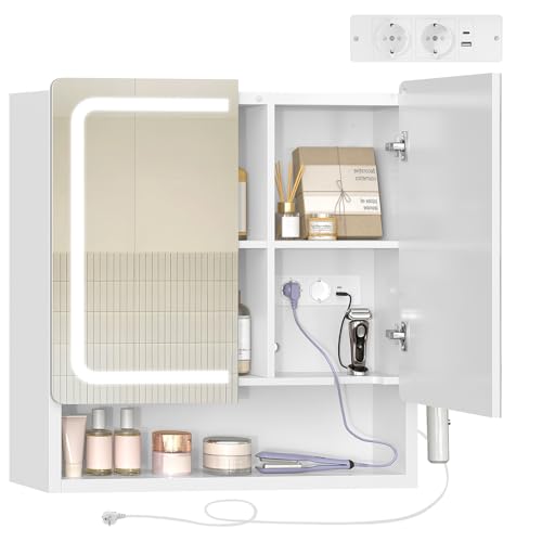 TEENFON Armario Espejo Baño con Iluminación LED, Brillo Ajustable, 3 Colores, Armario de Baño con Espejo de 2 Puertas, Toma de Corriente, Estantes Ajustables, Soporte para Secador de Pelo,60*15*65cm