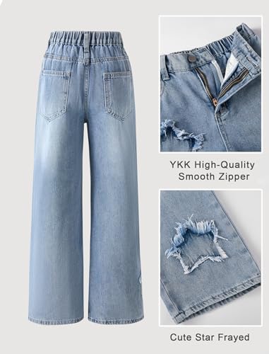 Image of Jeans for Girls Baggy Wide Leg Cute Bow High Elastic Waisted Denim Pants Y2K Boyfriend Skater Streetwear 7-14Y