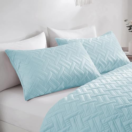 Image of SANMARINO Luxury Cotton Ultrasonic Quilted King Size Bedcover with 2 Pillow Covers | Ultra-Soft, Cozy Solid All-Season Quilt Coverlet | Premium Bedding Set for Bedroom Decor - 228x254 cm,Aqua Mist