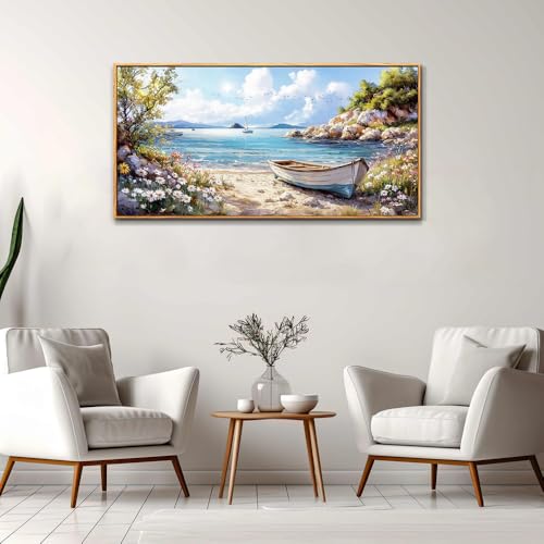 PHAOHUAXM Large Canvas Wall Decor For Living Room Wall Art For Bedroom Office Wall Decorations Print Marine Landscape Wood Framed Paintings Artwork Mural Stretched and Framed Beach Posters 24"X48"