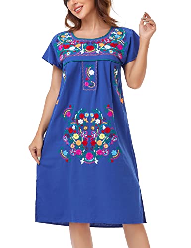 Image of YZXDORWJ Women Mexican Embroidered Long Dress Ruffle Collar Maxi Boho Floral Summer Short Sleeve