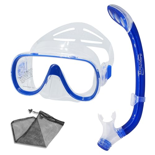 SAEKODIVE Kids Snorkeling Set - Panoramic Wide View, Anti-Fog Tempered Glass, Anti-Leak Silicone Skirt, Dry Top Snorkel - Snorkeling and Swimming Gear with Mesh Bag for Children (Blue/Blue)