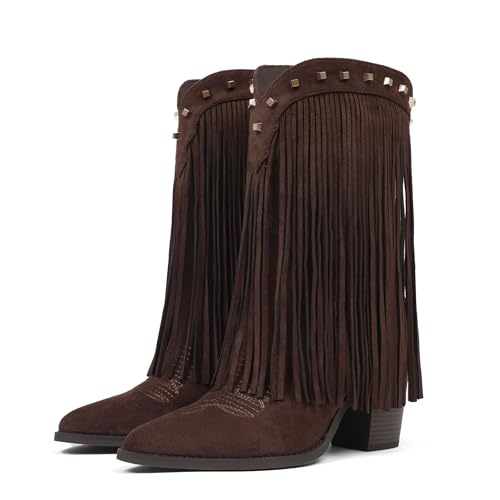 CYNLLIO Dark Brown Fringe Cowboy Boots for Women Cowgirl Western Mid Calf Pull On Suede Boot Pointed Toe Chunky Heel Vaqueras Botas w/Embroidery Studded for Country Concert Rodeo Size 8